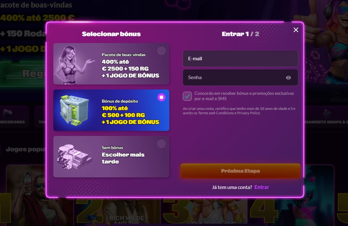Formulário de registo num casino online português